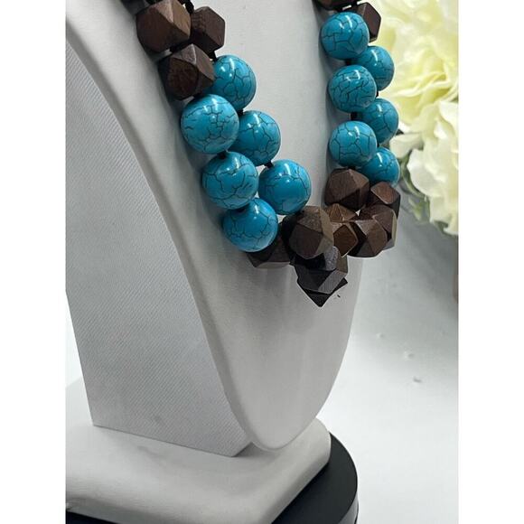 Kenneth Jay Lane Vintage Signed Hand KnotTwo Row‎ Wood Bead Turquoise Necklace - Picture 7 of 16